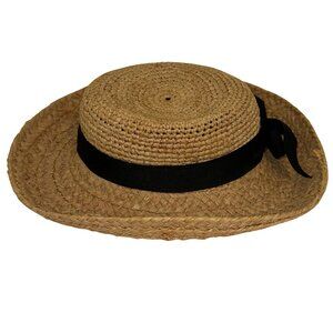VINTAGE Ann Taylor Straw Hat Womens Brown Raffia Weave Grosgrain Bow 1980